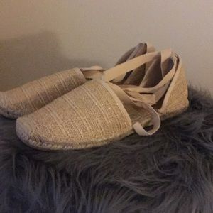 Beige and Metallic Flat Espadriles